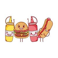 fast food simpatico hamburger hot dog salse senape personaggio dei cartoni animati vettore