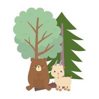 campeggio carino orso e capra alberi foresta cartone animato vettore