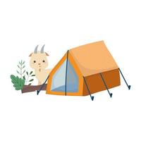 campeggio carino capra e tenda cespuglio tronco natura cartone animato vettore