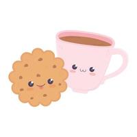 simpatico personaggio dei cartoni animati kawaii con tazza di caffè e biscotti vettore