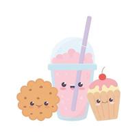 simpatico personaggio dei cartoni animati di milkshake cookie cupcake kawaii vettore