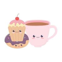 simpatico personaggio dei cartoni animati kawaii con tazza di caffè ciambella e cupcake vettore
