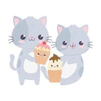 simpatici gattini con gelato e cupcake personaggio dei cartoni animati kawaii vettore