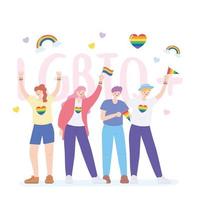 comunità lgbtq, attivisti che partecipano all'orgoglio lgbtq con bandiere arcobaleno vettore