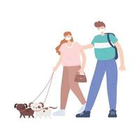 persone con mascherina medica, uomo e donna che camminano con i cani, attività in città durante il coronavirus vettore