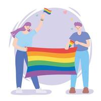 comunità lgbtq, uomo e donna felici con la celebrazione della bandiera arcobaleno, protesta contro la discriminazione sessuale della parata gay vettore