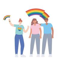 persone che tengono la bandiera arcobaleno lgbtq in mano, parata gay protesta contro la discriminazione sessuale vettore