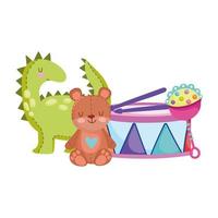 oggetto di giocattoli per bambini piccoli per giocare a cartoni animati, tamburo di orsacchiotto di dinosauro e sonaglio vettore