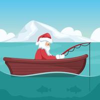 design di Babbo Natale che pesca nella sua barca a Natale vettore