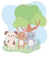 simpatico piccolo gatto cane e coniglio albero animali dei cartoni animati in un paesaggio naturale