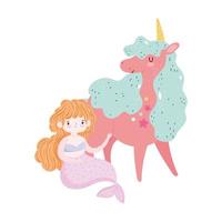 Unicorno e sirena principessa fumetto icona isolato design vettore