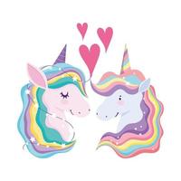 unicorni arcobaleno capelli fantasia animale amore cuori sogno cartone animato vettore