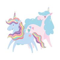 unicorni arcobaleno criniera fantasia magia incantevole cartone animato vettore