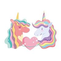 simpatici unicorni ritratto arcobaleno criniera cuore e stella cartone animato vettore