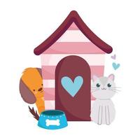 negozio di animali, simpatico cane e gatto con casa e ciotola animale domestico dei cartoni animati