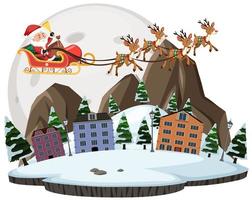 Babbo Natale con la renna che vola attraverso la città e lo sfondo della luna vettore