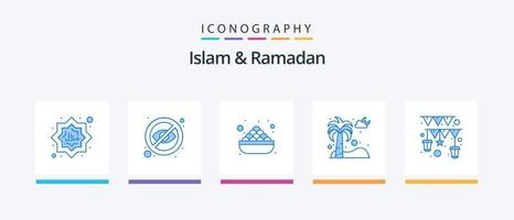 Islam e Ramadan blu 5 icona imballare Compreso pino albero. abete albero. nascondere. date. dolce. creativo icone design vettore