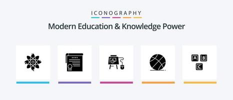 moderno formazione scolastica e conoscenza energia glifo 5 icona imballare Compreso blocchi. formazione scolastica. topo. gioco. sfera. creativo icone design vettore