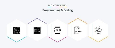programmazione e codifica 25 glifo icona imballare Compreso . . documento. sviluppo. codifica vettore