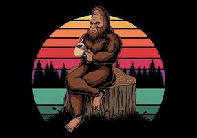 bigfoot rilassante con caffè vicino al tramonto illustrazione vettoriale retrò