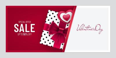 design di banner tagliato carta di vendita di san valentino con confezione regalo vettore