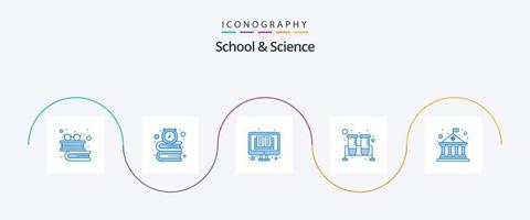 scuola e scienza blu 5 icona imballare Compreso costruzione. ricerca. libro. test tubi. borraccia vettore