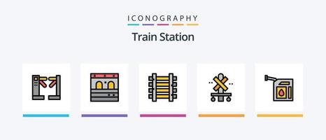 treno stazione linea pieno 5 icona imballare Compreso tabellone. annuncio. treno. orologio. treno. creativo icone design vettore