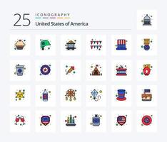 Stati Uniti d'America 25 linea pieno icona imballare Compreso premio. cappello. il mio. cap. carta vettore