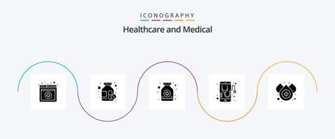 medico glifo 5 icona imballare Compreso acqua. sangue. sciroppo bottiglia. in linea. medico vettore