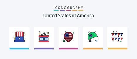 Stati Uniti d'America linea pieno 5 icona imballare Compreso Stati Uniti d'America. scudo. francese patatine fritte. sicurezza. bottiglia. creativo icone design vettore