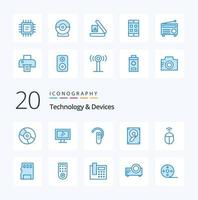 20 dispositivi blu colore icona imballare piace computer topo Bluetooth altoparlante musica vettore
