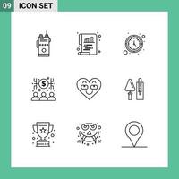 gruppo di 9 lineamenti segni e simboli per emoji economista carta capitalista orologio modificabile vettore design elementi