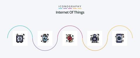 Internet di cose linea pieno piatto 5 icona imballare Compreso globo. tecnico. tecnologia. inteligente. robot vettore