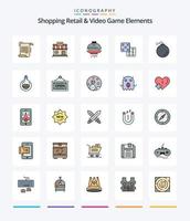 creativo shoping Al dettaglio e video gioco elementi 25 linea pieno icona imballare come come bomba. gioco. negozio. dado. navicella spaziale vettore