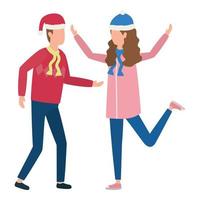 coppia di giovani amanti con personaggi di cappello di Natale vettore