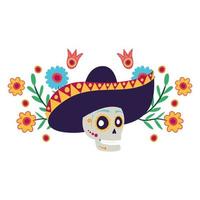teschio mariachi con fiori personaggio comico vettore
