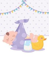 baby shower, neonato in coperta con anatra e biberon, celebrazione benvenuto neonato vettore