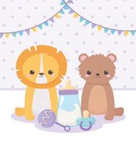 baby shower, piccolo orso leone con ciuccio sonaglio cartone animato, celebrazione benvenuto neonato vettore