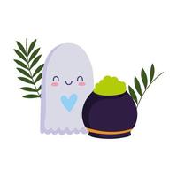 felice halloween, fantasma carino con calderone, festa di dolcetto o scherzetto vettore