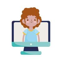 scuola, computer e classe video ragazzo, sfondo bianco icona isolata vettore