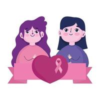 mese di consapevolezza del cancro al seno, ragazze con cuore e design a nastro rosa vettore