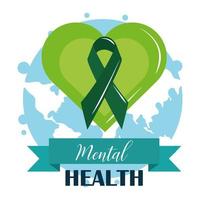 giornata della salute mentale, nastro nel mondo del cuore verde, cure mediche di psicologia vettore