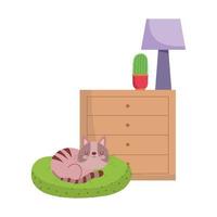 gatto che dorme sui cassetti del cuscino con cactus e lampada dal design isolato vettore