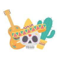 giorno dei morti, teschio con chitarra cappello e celebrazione messicana di cactus vettore