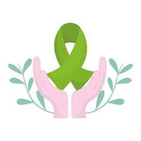 giornata mondiale della salute mentale, emblema del cervello del nastro verde delle mani vettore