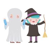 felice halloween, ragazzo fantasma e ragazza strega con costumi di scopa vettore