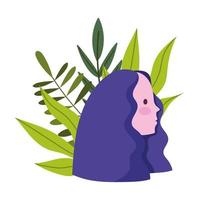 cartone animato di testa di ragazza profilo con foglie natura vettore