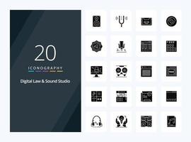 20 digitale legge e suono studio solido glifo icona per presentazione vettore