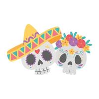 giorno dei morti, coppia teschio con cappello e fiori celebrazione messicana vettore