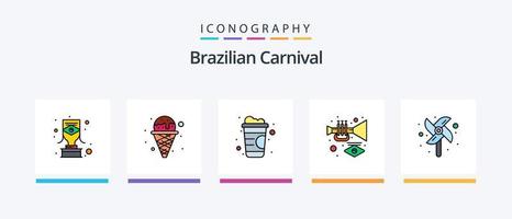 brasiliano carnevale linea pieno 5 icona imballare Compreso fuoco opera. razzo. musica. tamburello. musica. creativo icone design vettore